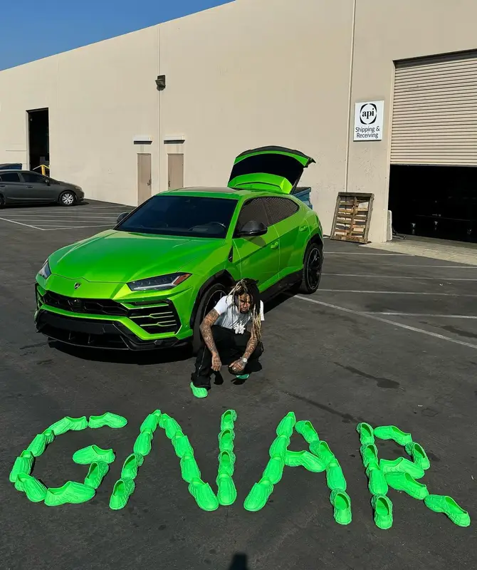 Lil Gnar outfit in Polo Ralph Lauren, Gnarcotic, and Rick Owens, 2023