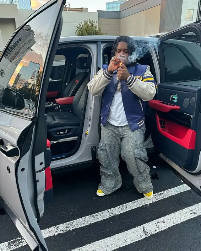 YTB Fatt outfit in Avirex, Amiri, and Rick Owens, 2023
