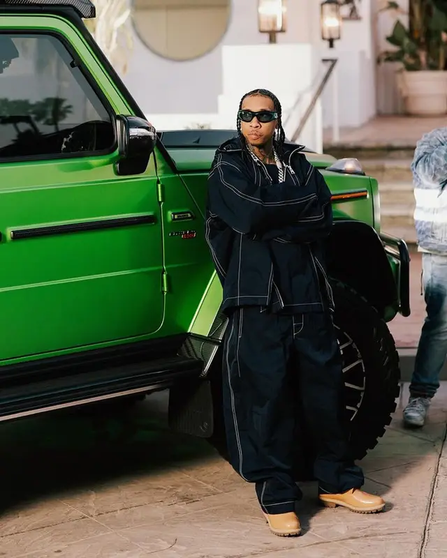 Tyga outfit in Timberland, Bottega Veneta, and Veneda Carter, 2023