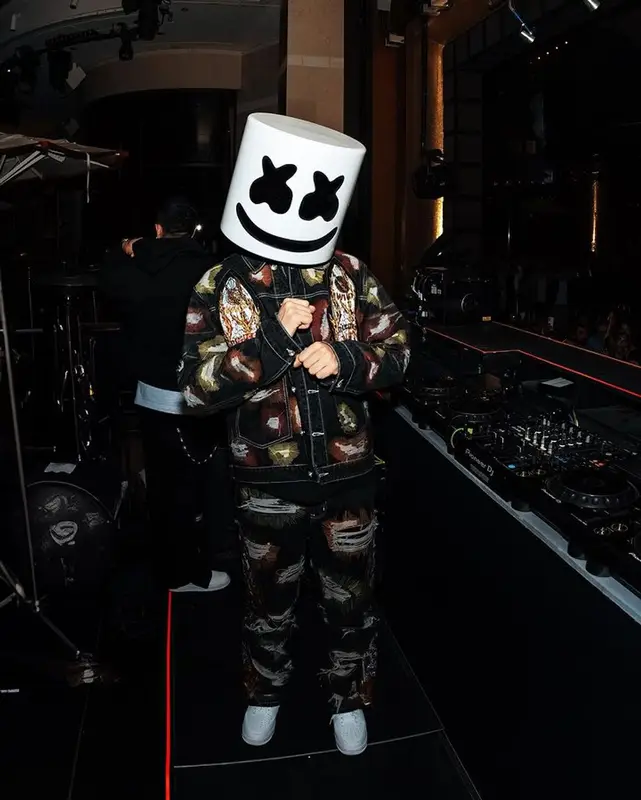 Marshmello outfit in Who Decides War, Nike, and Marshmello Merch, 2023