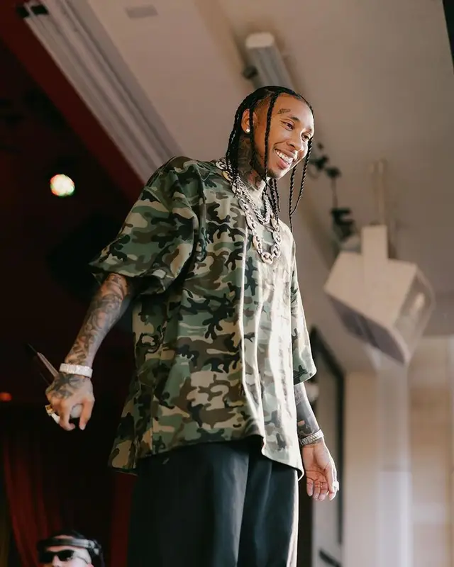 Tyga outfit in Mastermind, Balenciaga, and Bottega Veneta, 2023