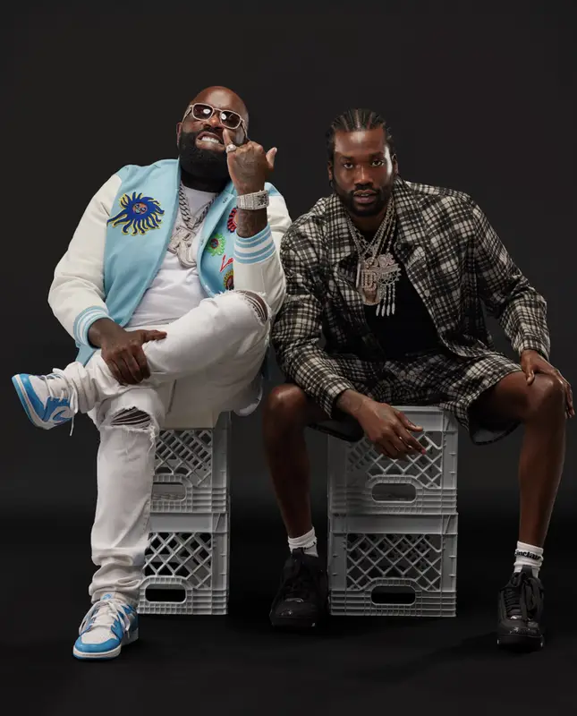 Rick Ross outfit in Louis Vuitton, Amiri, and Nike, 2023