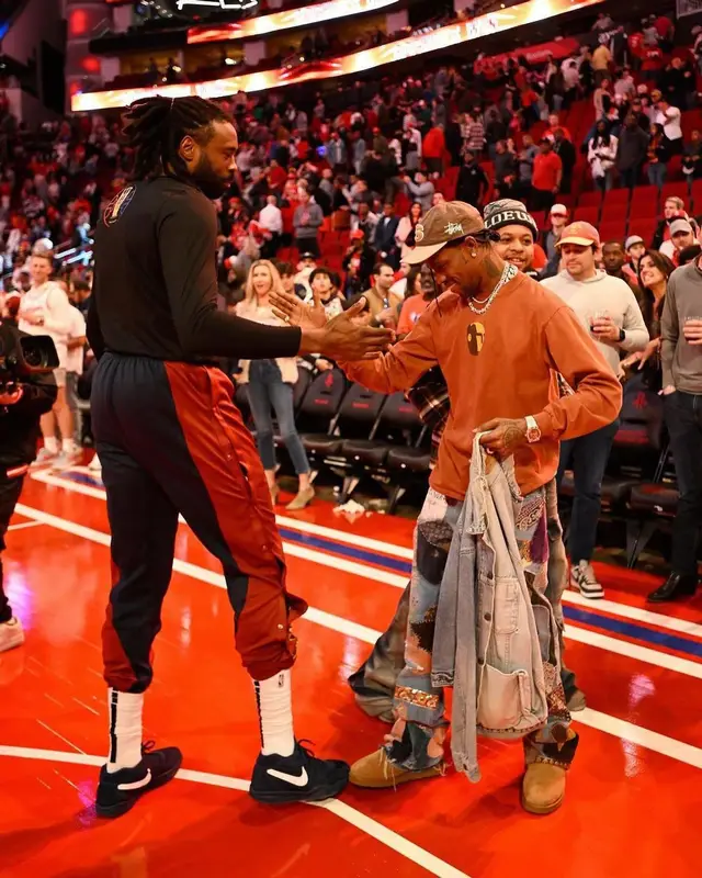 Travis Scott outfit in Vintage, Kapital, and Stussy, 2023