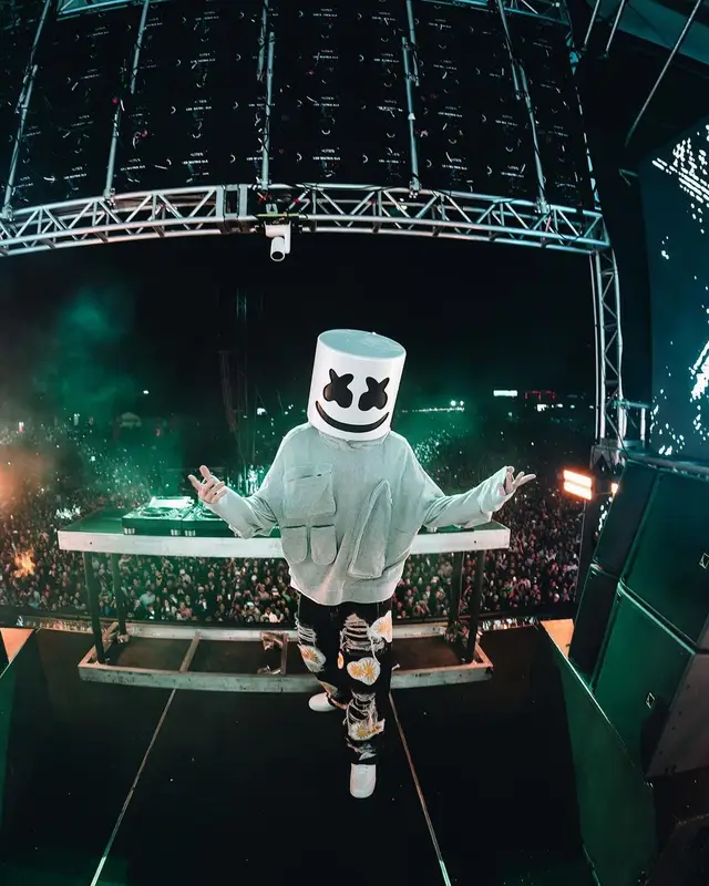 Marshmello outfit in Who Decides War, Nike, and Marshmello Merch, 2023