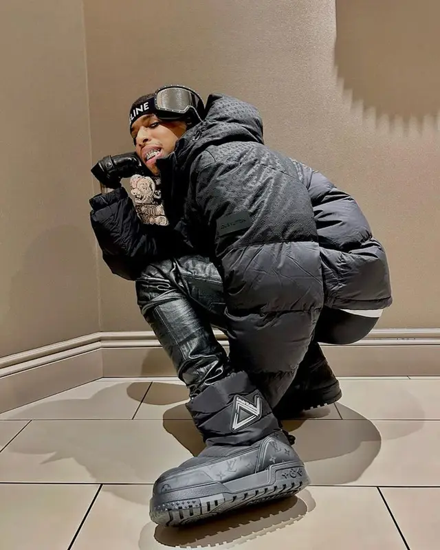 NLE Choppa outfit in Louis Vuitton, Purple Brand, and Celine, 2023