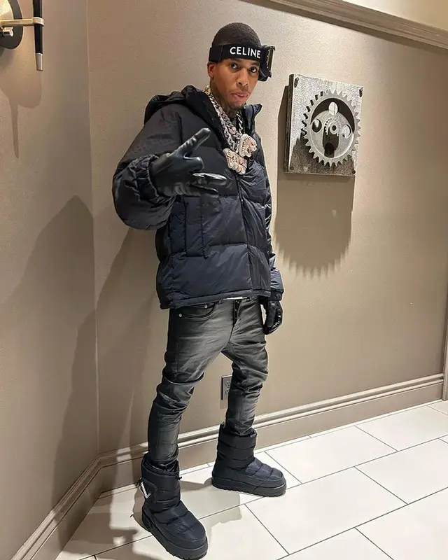 NLE Choppa outfit in Louis Vuitton, Purple Brand, and Celine, 2023