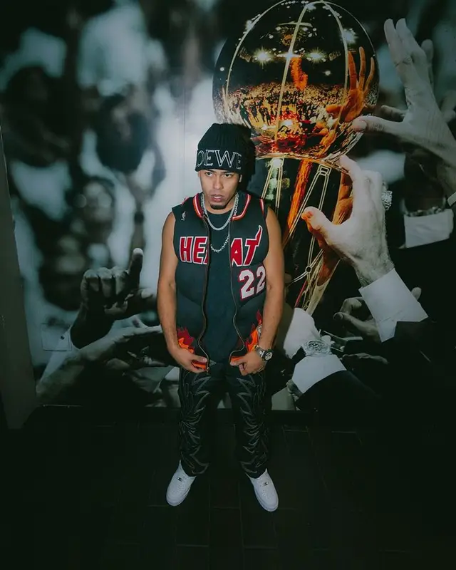 Myke Towers outfit in Bally, Nike, and Loewe, 2023