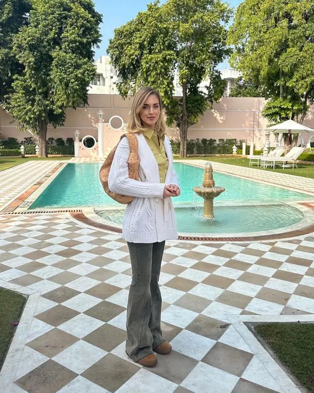 Chiara Ferragni outfit in Miu Miu, Tod's, and Bottega Veneta, 2023