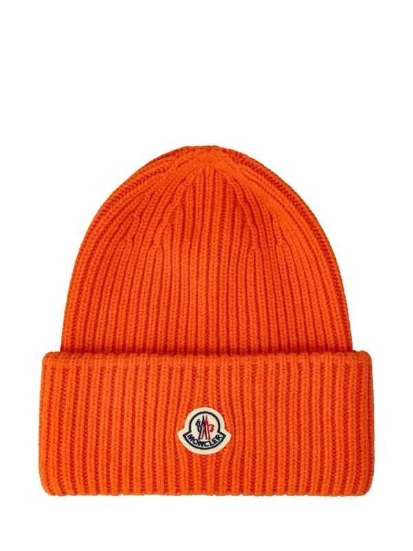 Moncler Logo Patch Ribbed Beanie In Orange $300