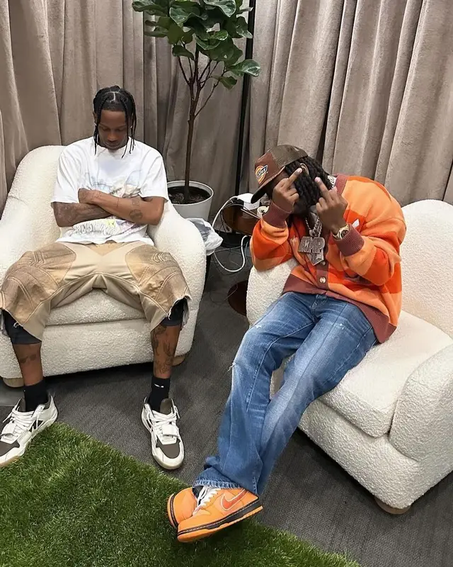 Travis Scott outfit in Travis Scott Merch, Greg Ross, and Nike, 2023