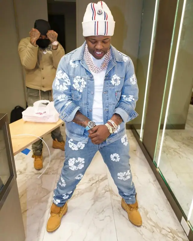 Lil Zay Osama outfit in Levi’s, Moncler, and Denim Tears, 2023
