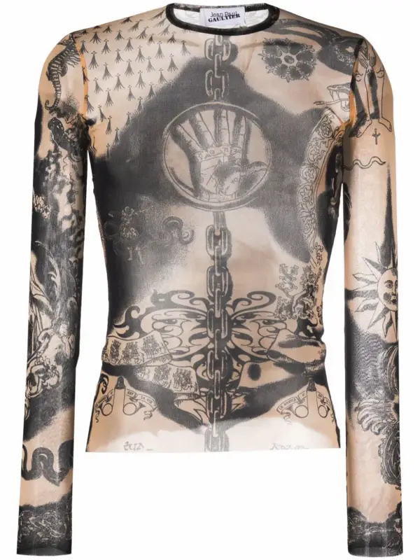 Jean Paul Gaultier Graphic-print Semi-sheer Top In Neutrals $320