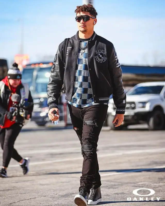 Patrick Mahomes II outfit in Amiri, Louis Vuitton, and Oakley, 2023
