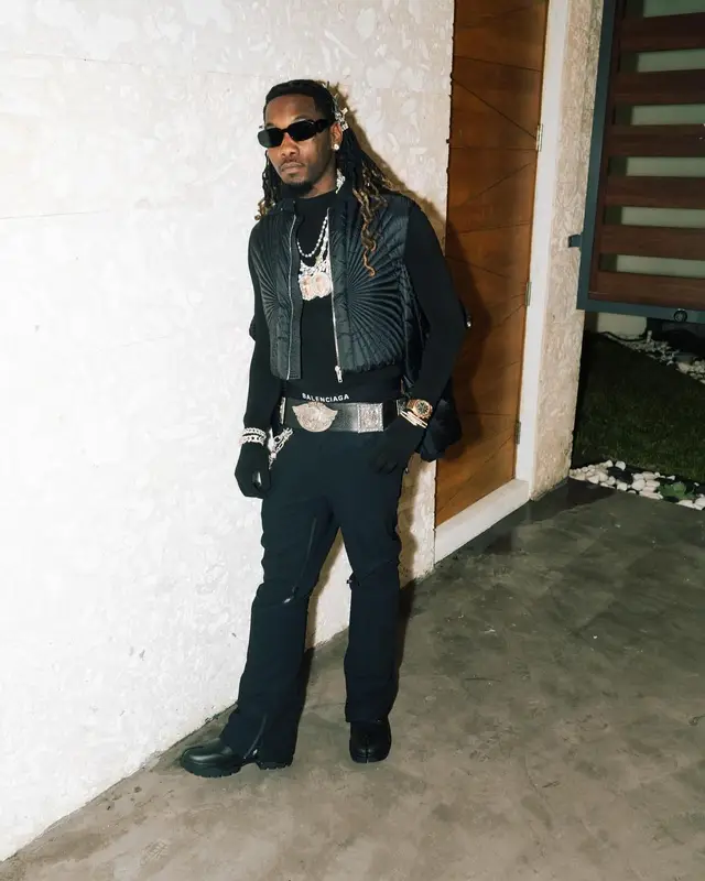 Offset outfit in Moncler, Prada, and Rick Owens, 2023