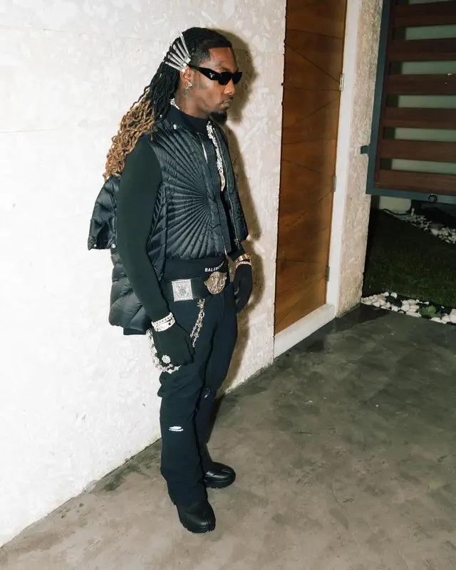 Offset outfit in Moncler, Prada, and Rick Owens, 2023