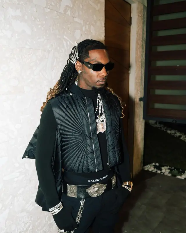 Offset outfit in Moncler, Prada, and Rick Owens, 2023