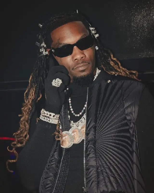 Offset outfit in Moncler, Prada, and Rick Owens, 2023