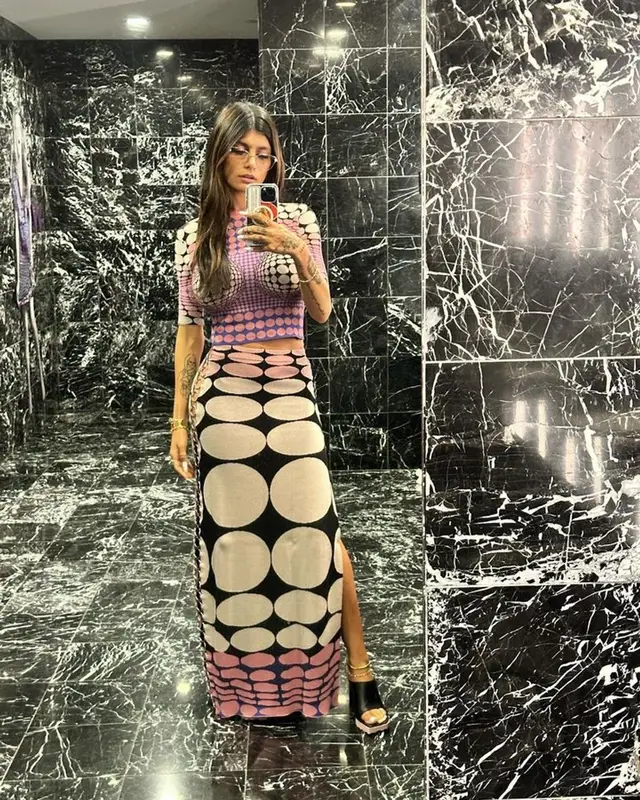 Mia Khalifa outfit in Paco Rabanne and Off-White, 2023