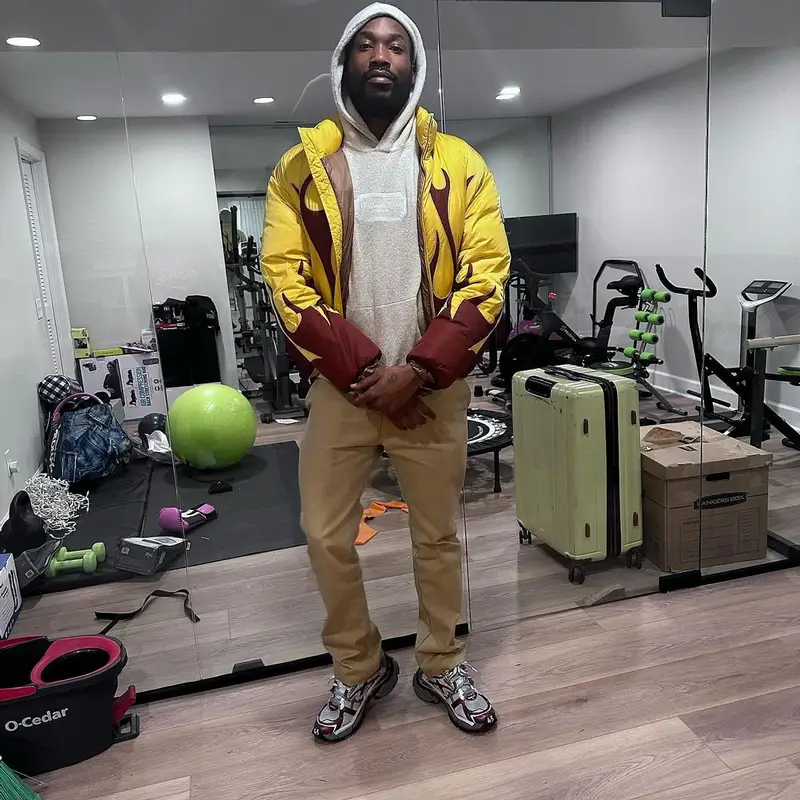 Meek Mill outfit in Moncler, Dior, and Palm Angels, 2023