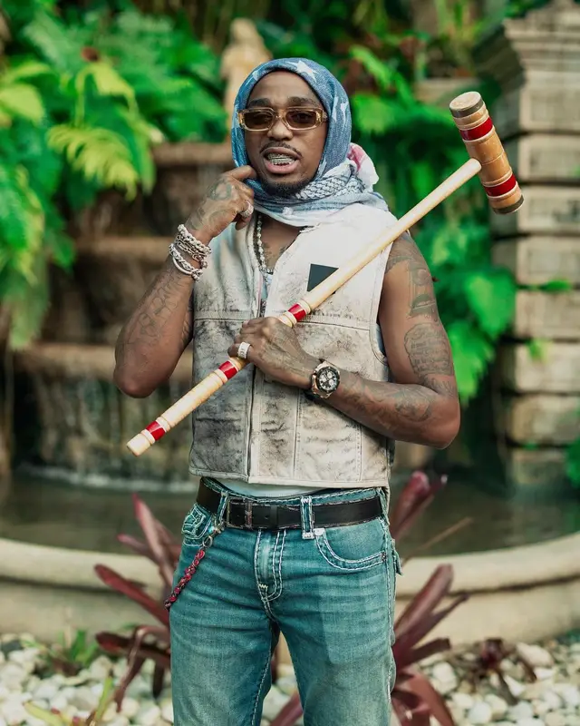 Quavo outfit in Givenchy, True Religion, and Kapital, 2023