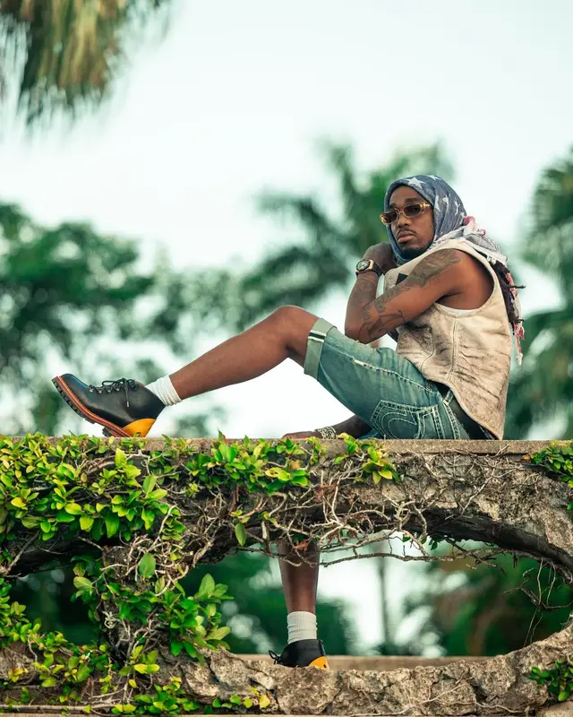 Quavo outfit in Givenchy, True Religion, and Kapital, 2023
