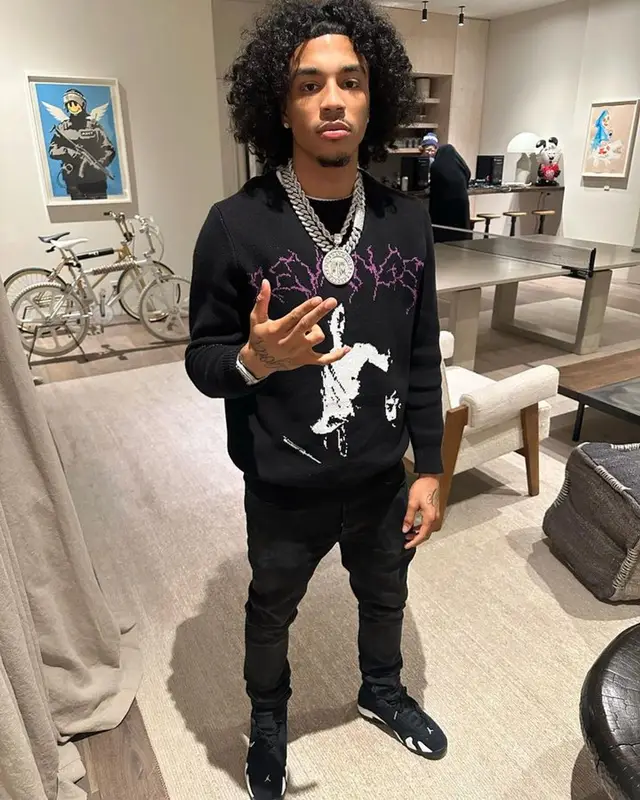 Jay Cinco outfit in REVENGE, Purple Brand, and Jordan, 2023