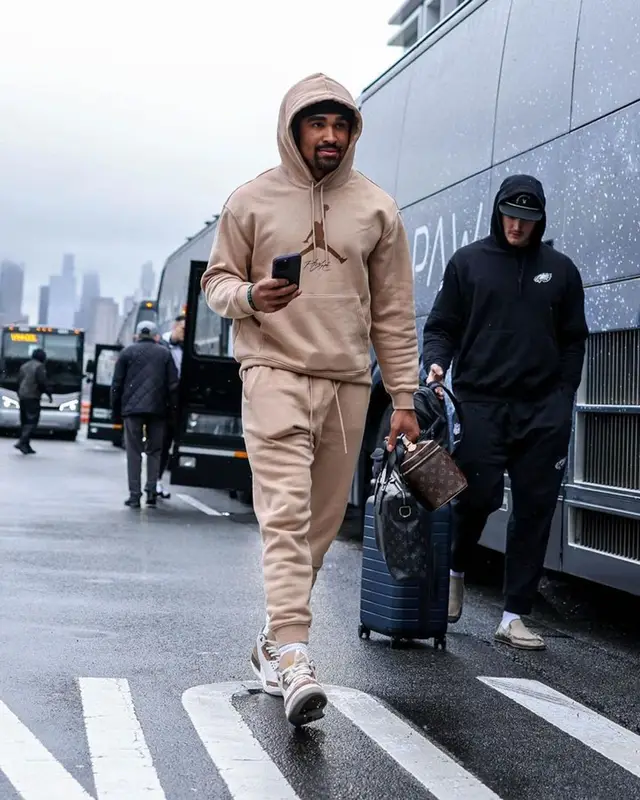 Jalen Hurts outfit in Jordan and Louis Vuitton, 2024