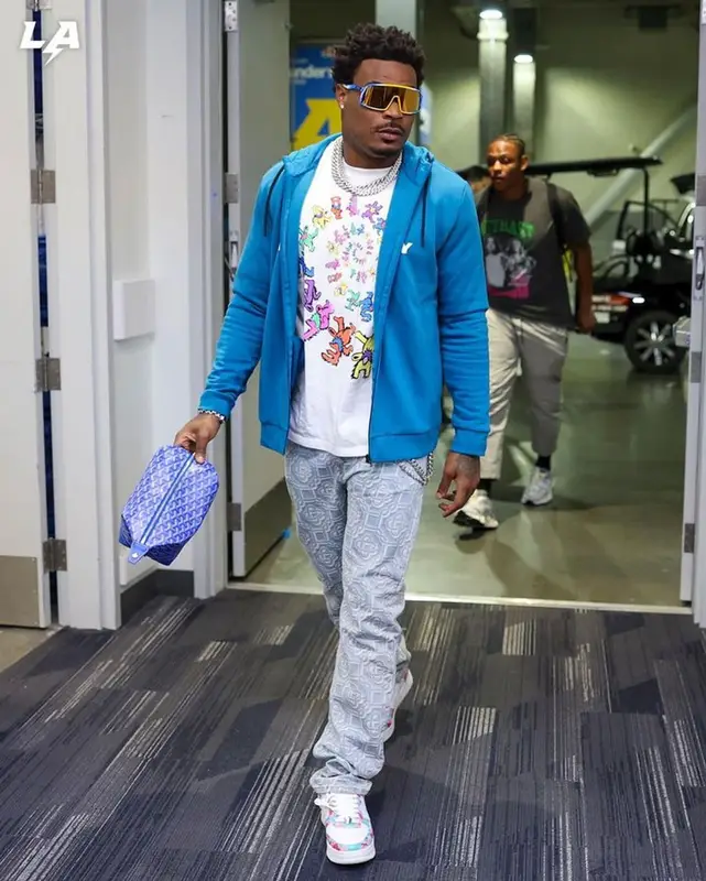 Derwin James outfit in Oakley, Casablanca, and Bape, 2024