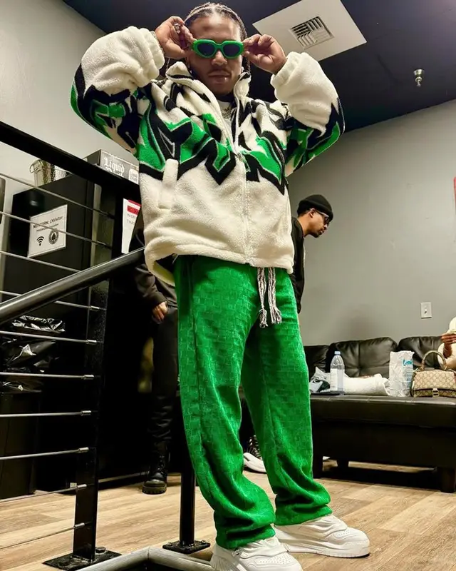 Jacquees outfit in Supermade, Versace, and Bottega Veneta, 2024