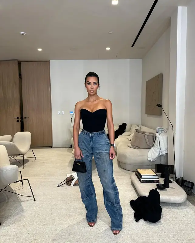 Kim Kardashian outfit in Carhartt, Hermes, and Balenciaga, 2024