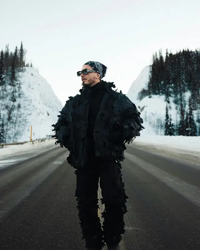 J Balvin outfit in Off-White, Loewe, and Post Archive Faction, 2024