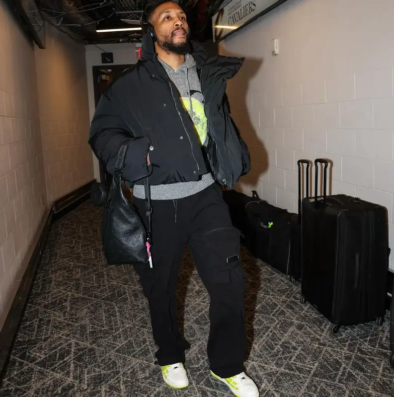 Damian Lillard outfit in Jacquemus, Off-White, and Louis Vuitton, 2024