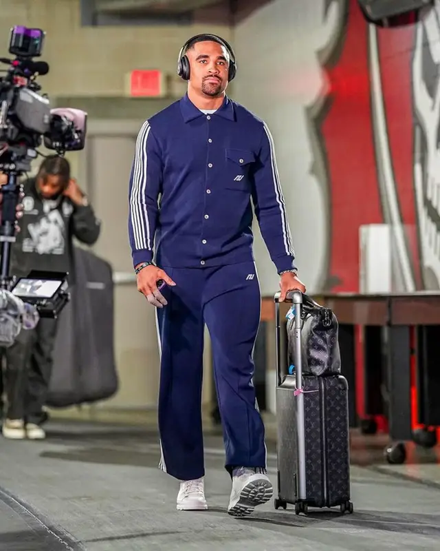 Jalen Hurts outfit in Autry and Louis Vuitton, 2024