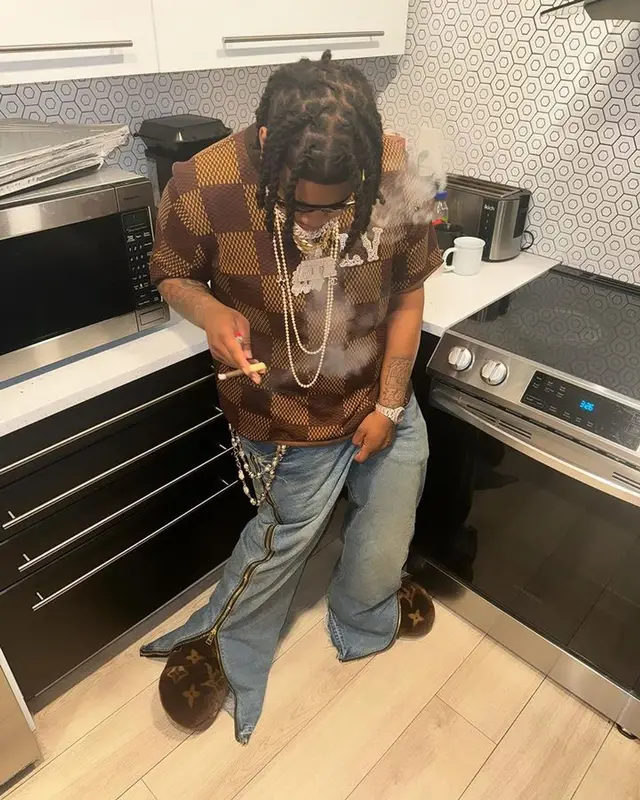 YTB Fatt outfit in Louis Vuitton and Purple Brand, 2024