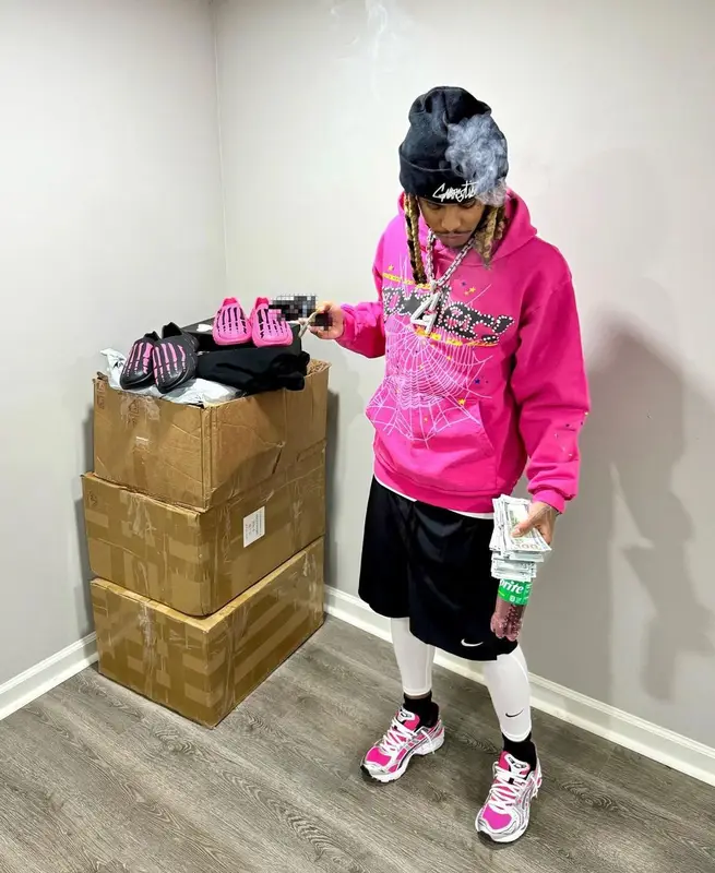 Lil Gnar outfit in Spider Worldwide, Nike, and Gnarcotic, 2024