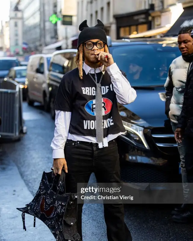 Trippie Redd outfit in coucou bebe75018, Aslan World, and Louis Vuitton, 2024