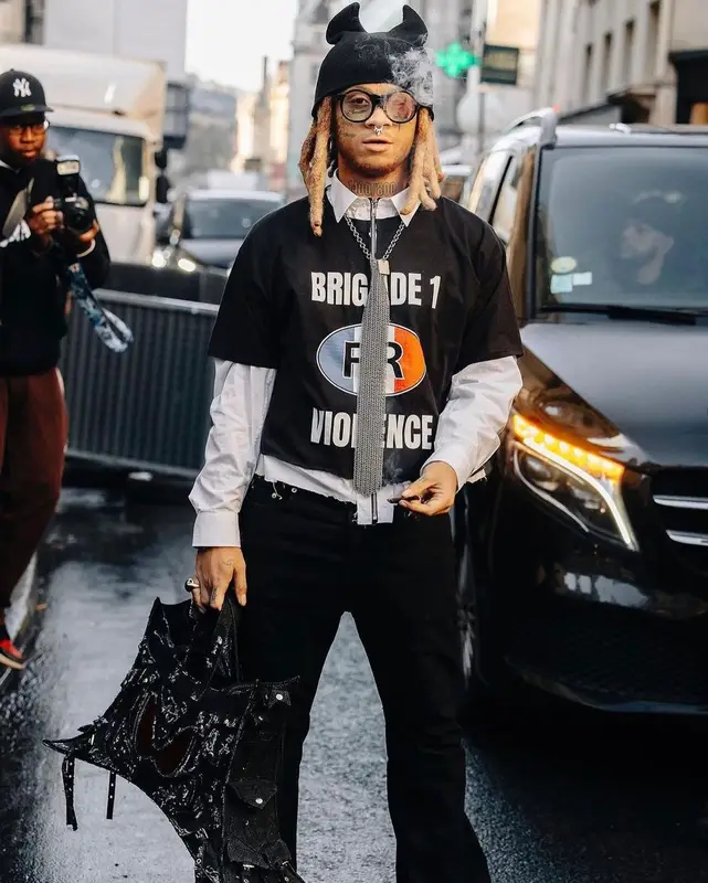 Trippie Redd outfit in coucou bebe75018, Aslan World, and Louis Vuitton, 2024