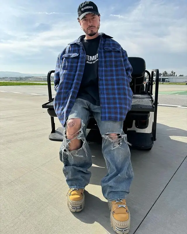 J Balvin outfit in New Era and Vetements, 2024
