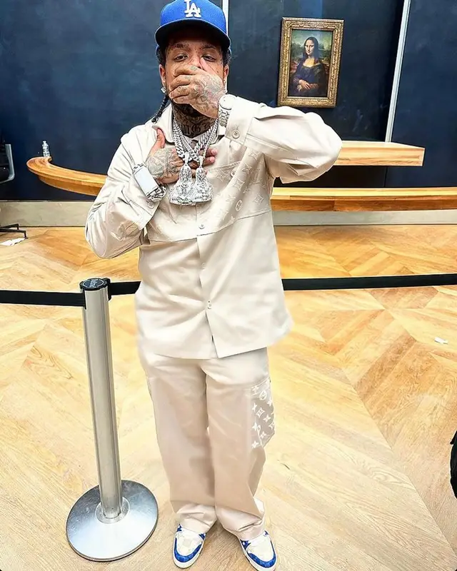 Westside Gunn outfit in Louis Vuitton and New Era, 2024