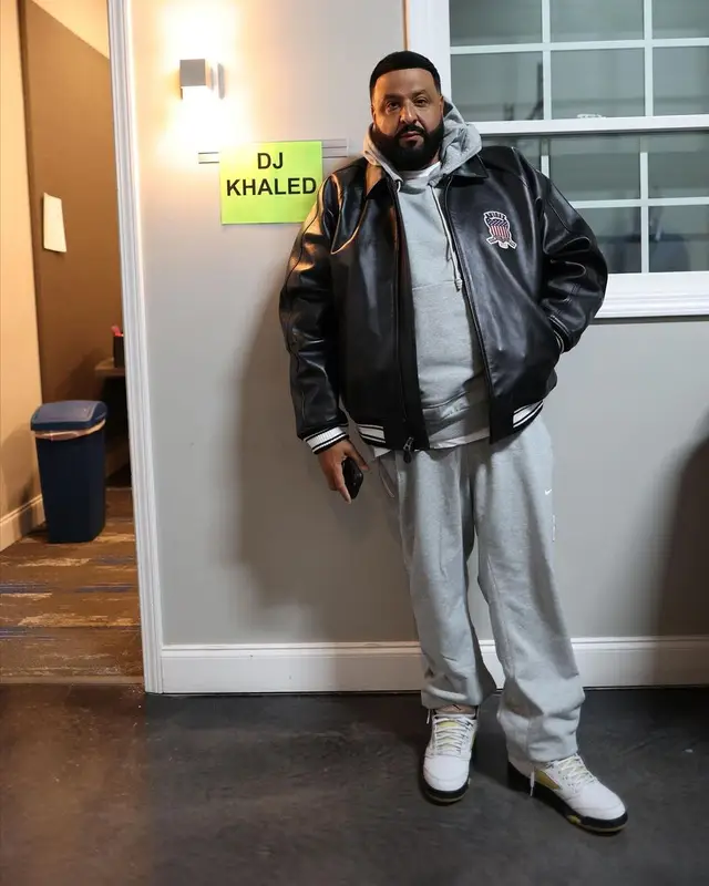 DJ Khaled outfit in Avirex, Nike, and Jordan, 2024
