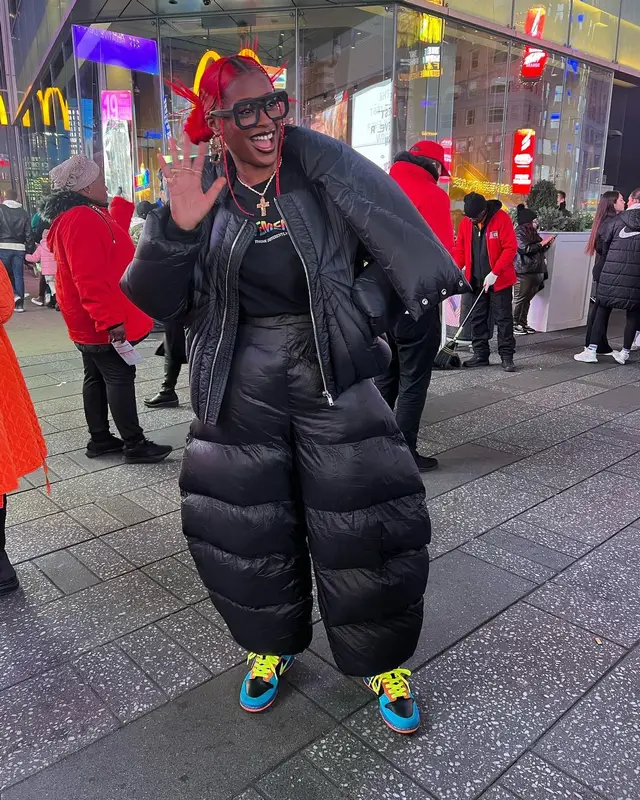 Tierra Whack outfit in Moncler, Vetements, and Rick Owens, 2023