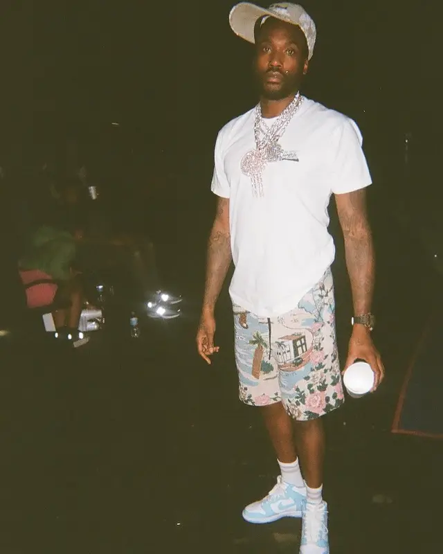 Meek Mill outfit in Amiri, Readymade, and Denim Tears, 2024