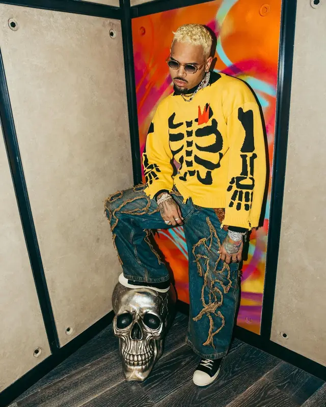 Chris Brown outfit in Loverboy by Charles Jeffrey, Drop Dead, and Rick Owens, 2024