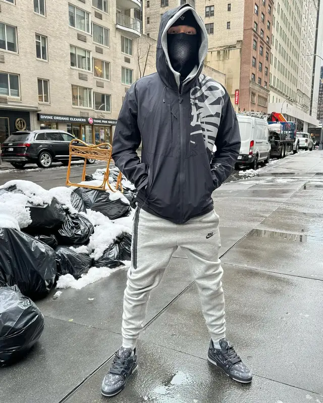 Central Cee outfit in Louis Vuitton, Nike, and Nocta, 2024