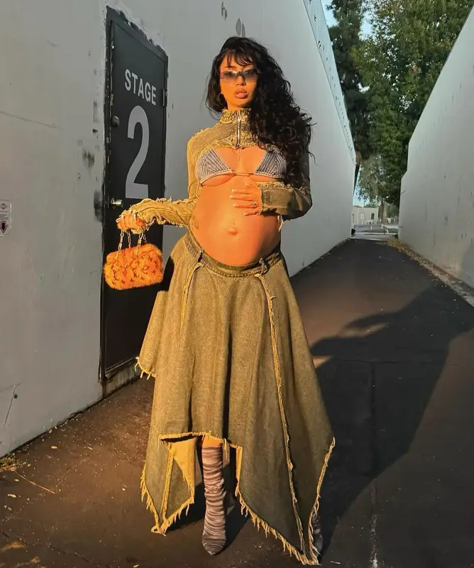 Kali Uchis outfit in 1XBlue, Casadei, and Louis Vuitton, 2024