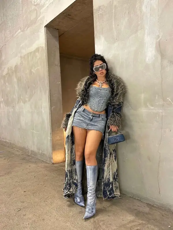 Kali Uchis outfit in Guess, Diesel, and Miaou, 2024