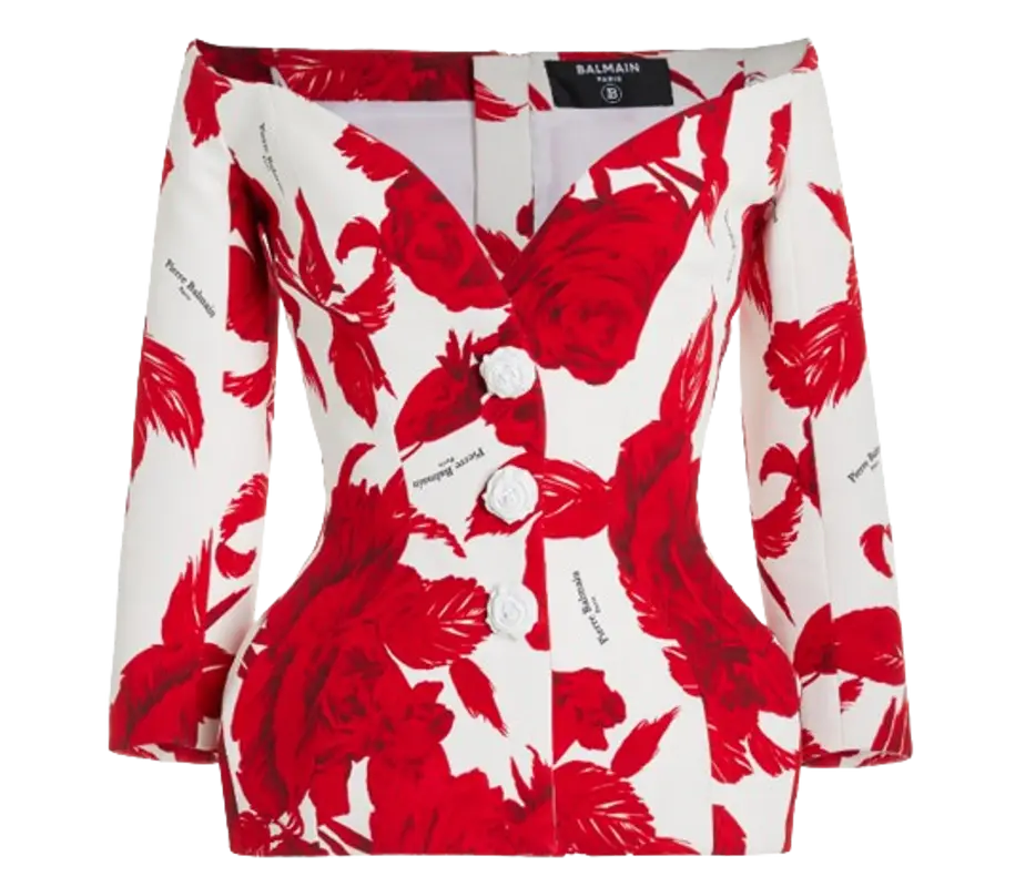Balmain Off-The-Shoulder Rose-Print Crepe Hourglass Jacket $8605