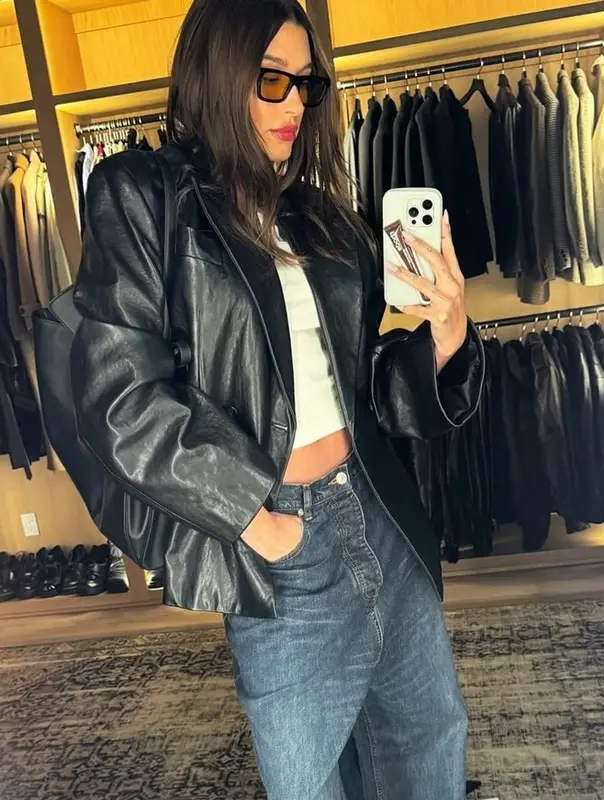 Hailey Bieber outfit in Khaite, Balenciaga, and Saint Laurent, 2024