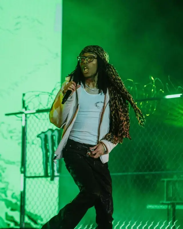 Lil Tecca outfit in Rick Owens, Rolling Stones Merch, and Chrome Hearts, 2024