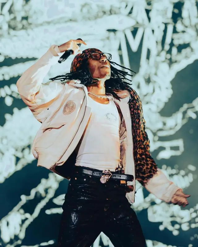 Lil Tecca outfit in Rick Owens, Rolling Stones Merch, and Chrome Hearts, 2024